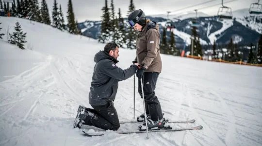 A ski instructor kneels beside an adult beginner on a gentle snowy slope at a Canadian resort, adjusting the beginner's skis and stance during a first lesson.