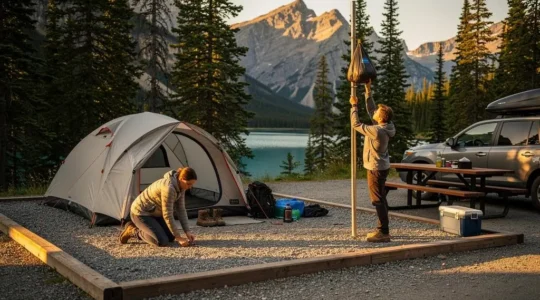 Two campers setting up their tent and hanging a food bag at a campsite in a Canadian national park with mountains and a lake behind them.