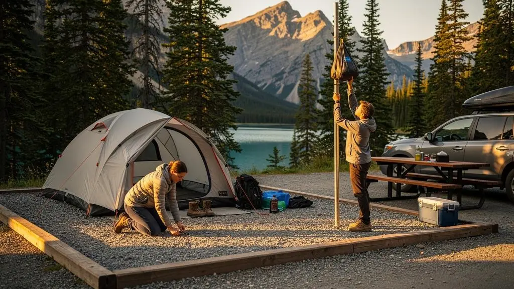 Two campers setting up their tent and hanging a food bag at a campsite in a Canadian national park with mountains and a lake behind them.