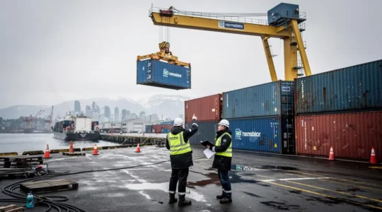 Two export workers in winter jackets check a shipping manifest at a Canadian container terminal while a crane loads a container onto a cargo ship.