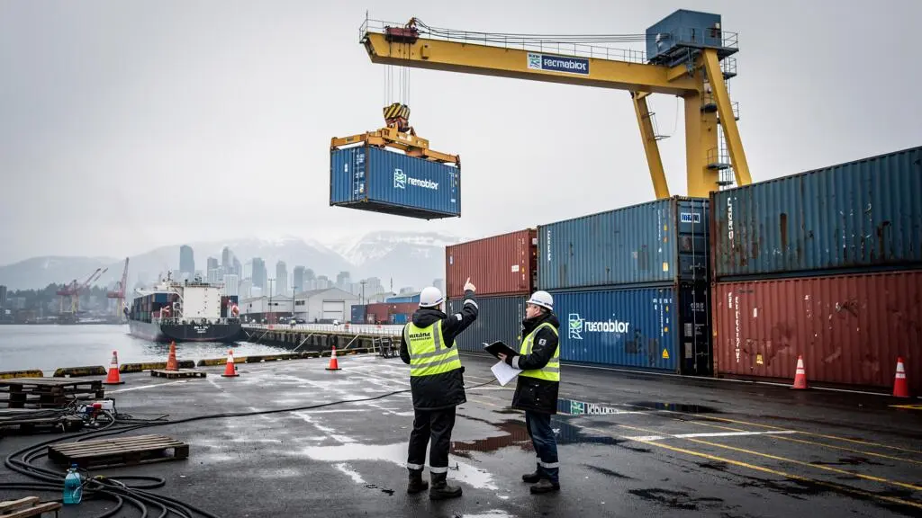 Two export workers in winter jackets check a shipping manifest at a Canadian container terminal while a crane loads a container onto a cargo ship.