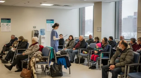 A full hospital emergency waiting room in Canada with patients of all ages seated while a triage nurse approaches to call the next person.