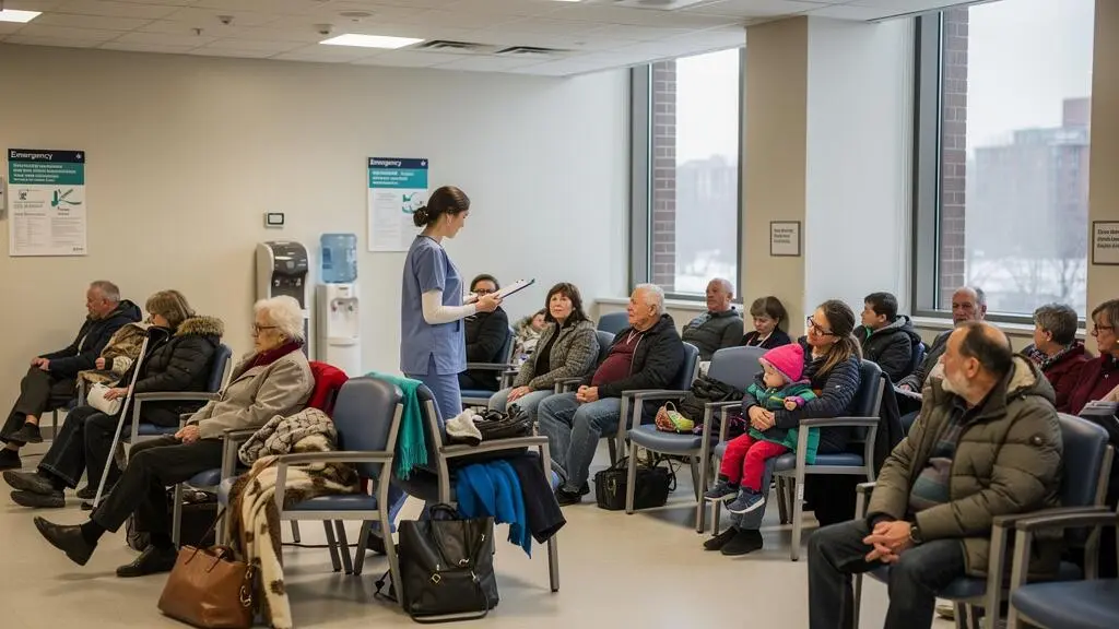 A full hospital emergency waiting room in Canada with patients of all ages seated while a triage nurse approaches to call the next person.