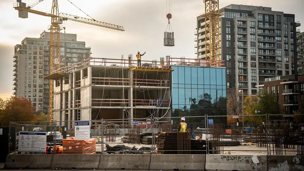 A construction worker on a high-rise residential building site in a Canadian city, with cranes and finished condo towers behind the site.