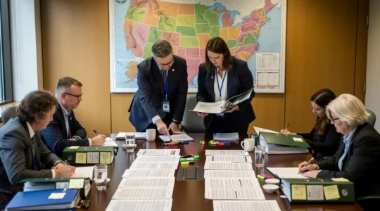 Public servants and provincial officials reviewing a draft agreement at a conference table in a government office, with a map of Canada on the wall behind them.