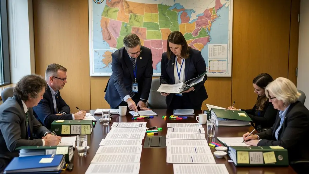 Public servants and provincial officials reviewing a draft agreement at a conference table in a government office, with a map of Canada on the wall behind them.