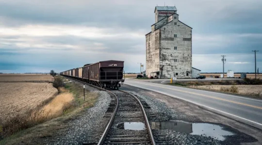 A freight train of grain hopper cars waits on a rail line beside a grain elevator on the Canadian prairie.