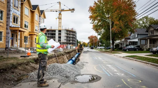 A civil engineer in a high-visibility vest watches water main installation beside new townhouses under construction in a fast-growing Canadian suburban neighbourhood.