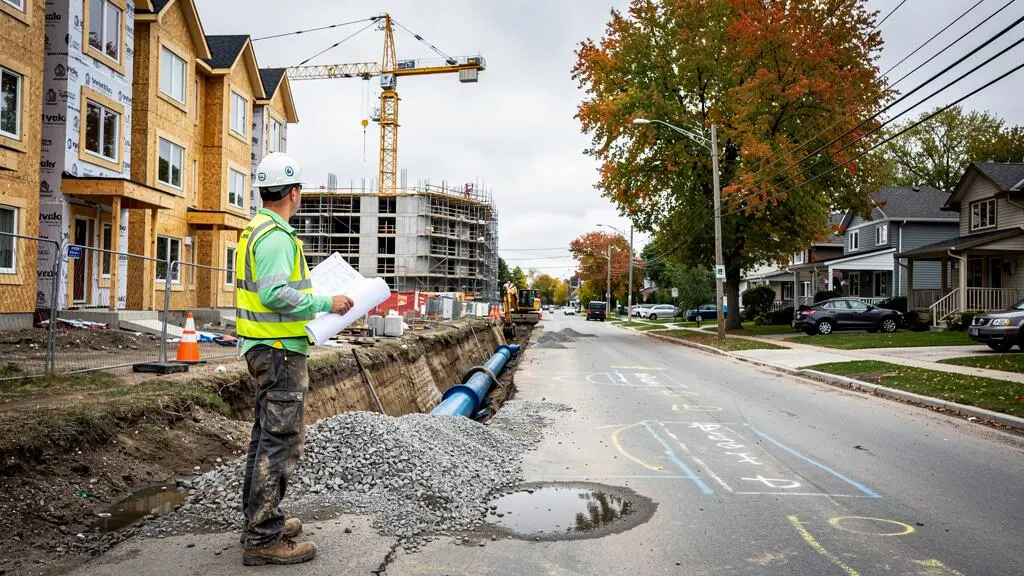 A civil engineer in a high-visibility vest watches water main installation beside new townhouses under construction in a fast-growing Canadian suburban neighbourhood.