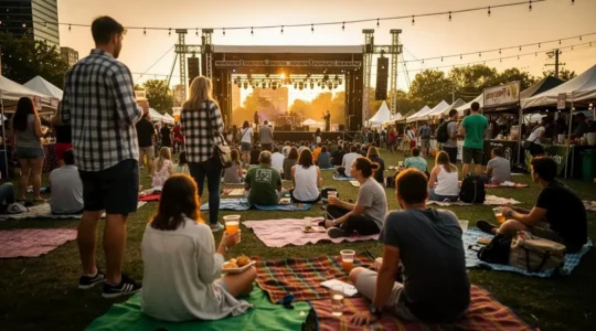 A crowd of festival-goers gathers in front of an outdoor stage at golden hour during a Canadian summer festival.