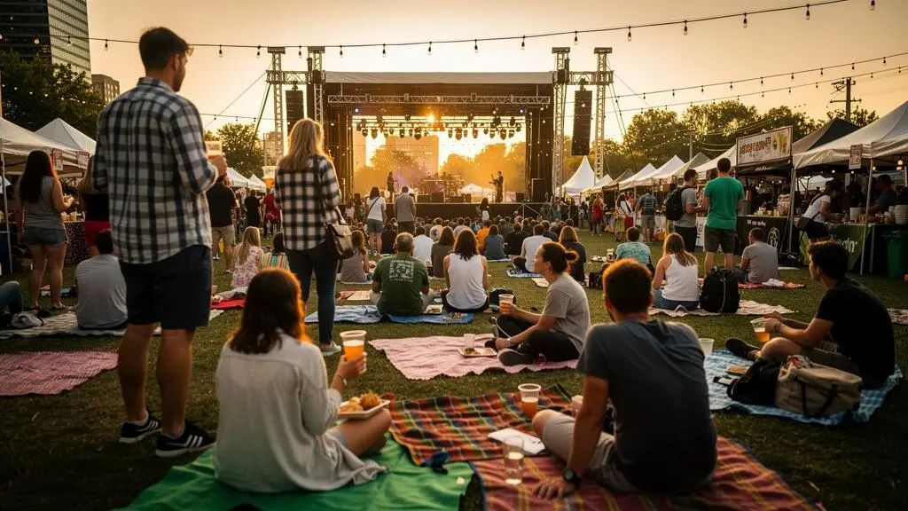 A crowd of festival-goers gathers in front of an outdoor stage at golden hour during a Canadian summer festival.
