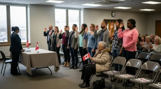 A diverse group of new citizens raising their right hands during a Canadian citizenship ceremony in a community hall, with seated guests watching behind them.