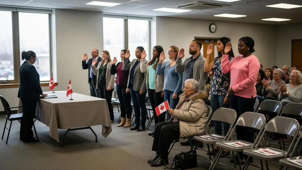 A diverse group of new citizens raising their right hands during a Canadian citizenship ceremony in a community hall, with seated guests watching behind them.