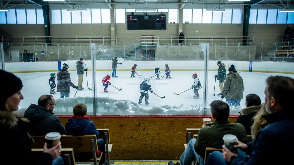 Children skate during a community hockey practice at a small-town Canadian arena while families watch from the bleachers.