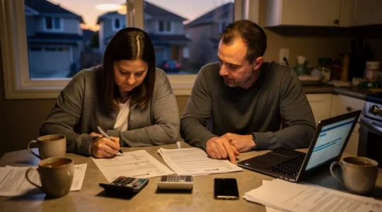 A couple calculating mortgage payments at their kitchen table surrounded by loan documents in a Canadian suburban home.