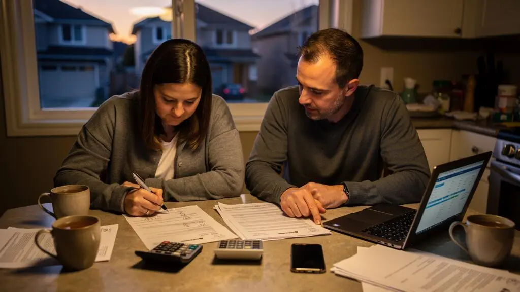 A couple calculating mortgage payments at their kitchen table surrounded by loan documents in a Canadian suburban home.