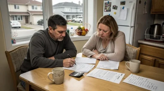 A Canadian couple reviews mortgage renewal documents together at their kitchen table, comparing figures with a calculator and handwritten notes.