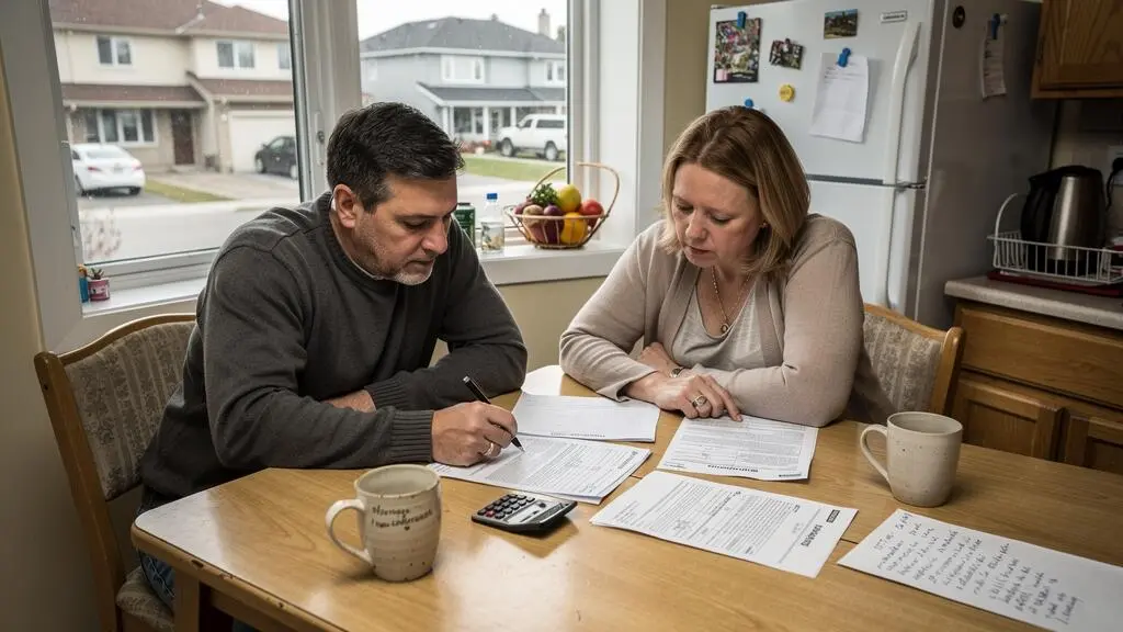 A Canadian couple reviews mortgage renewal documents together at their kitchen table, comparing figures with a calculator and handwritten notes.