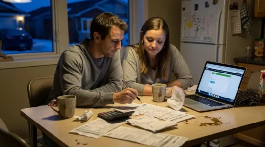 A Canadian couple reviewing bills, bank statements and a laptop at their kitchen table in the evening, comparing household expenses.
