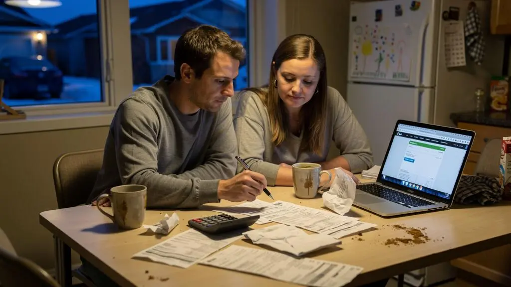 A Canadian couple reviewing bills, bank statements and a laptop at their kitchen table in the evening, comparing household expenses.