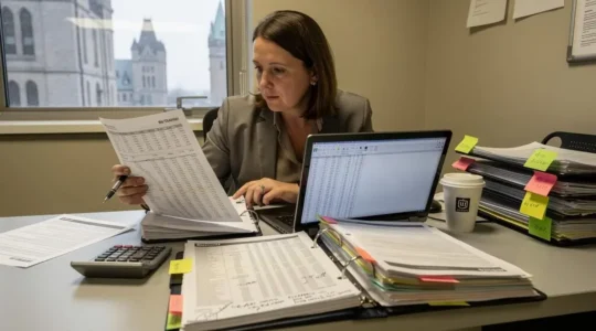A fiscal analyst in a Canadian government finance office compares printed budget expenditure tables with data on her laptop.