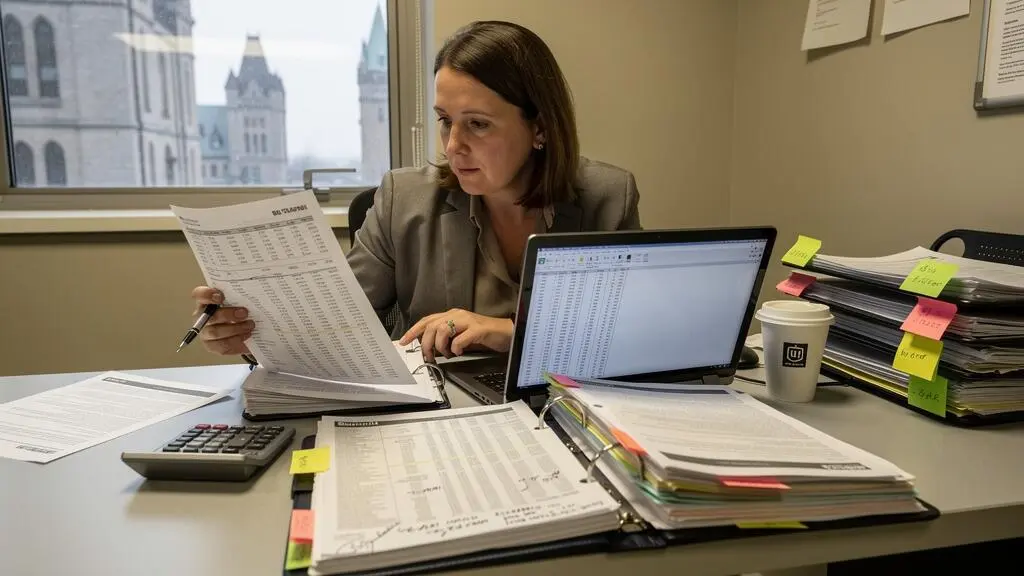 A fiscal analyst in a Canadian government finance office compares printed budget expenditure tables with data on her laptop.