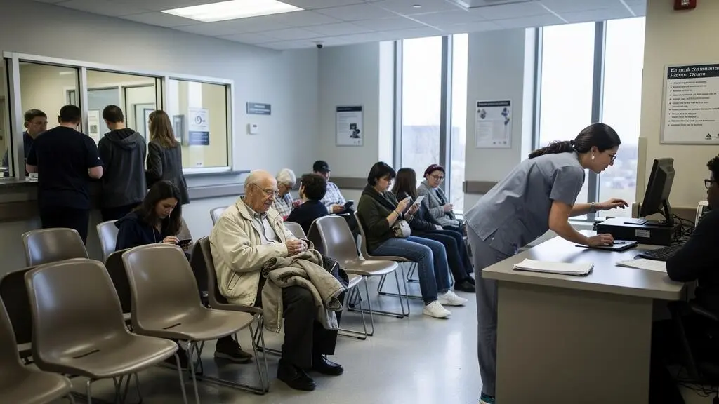 Patients waiting in a busy hospital emergency room in Canada while a triage nurse speaks with someone at the registration counter.
