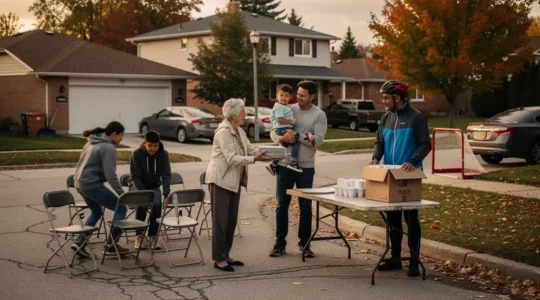 Neighbours of different ages set up tables and share a community meal on a residential street in Canada, passing plates and arranging chairs together.