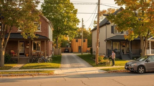 A calm Canadian residential street where duplexes, fourplexes and a laneway home sit among single-family houses under mature trees.