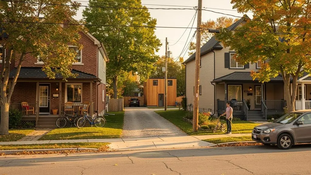 A calm Canadian residential street where duplexes, fourplexes and a laneway home sit among single-family houses under mature trees.