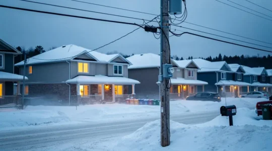Snow-covered Canadian houses glowing with warm interior light at dusk on a cold winter evening, with a residential electricity meter in the foreground.