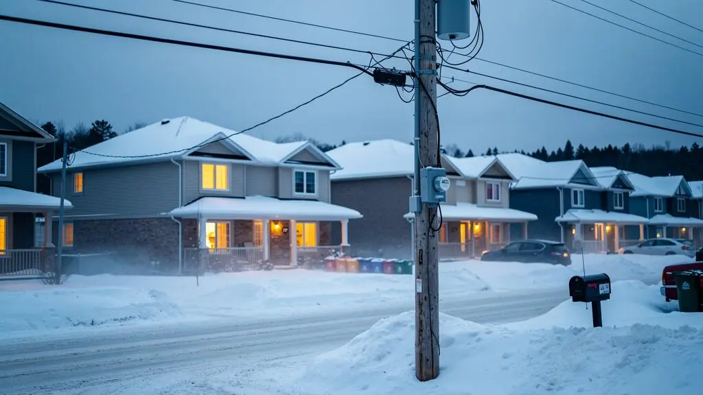 Snow-covered Canadian houses glowing with warm interior light at dusk on a cold winter evening, with a residential electricity meter in the foreground.
