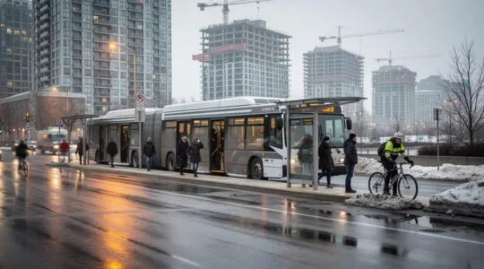 Commuters boarding a long articulated bus at a busy transit station platform on a Canadian city corridor during the morning rush hour.