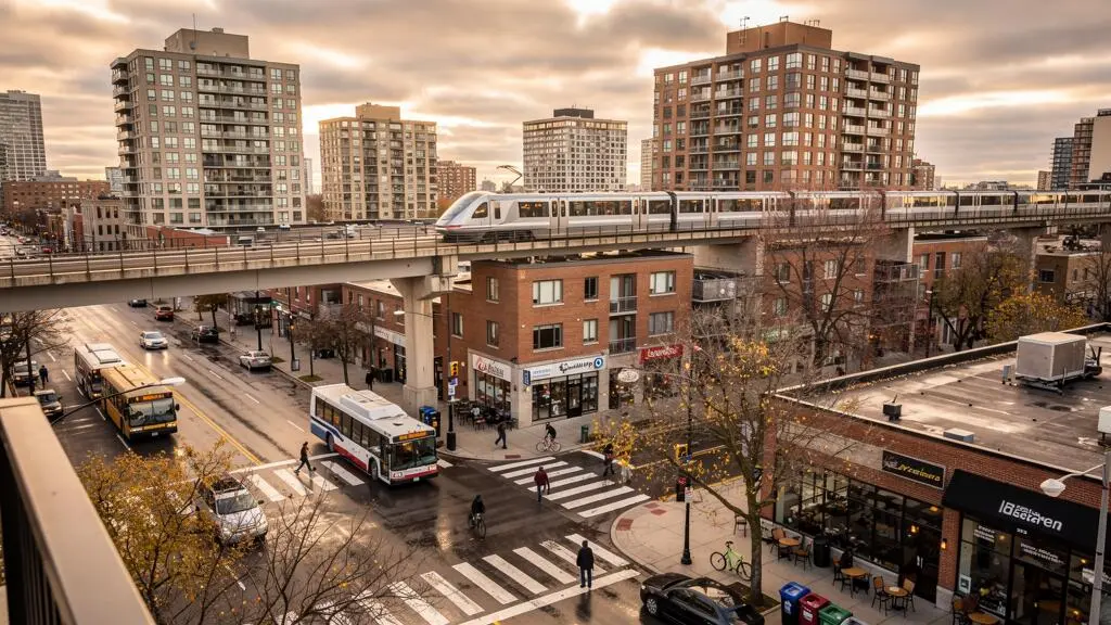 An elevated view of a dense Canadian urban corridor with mid-rise apartments, an elevated light-rail line and pedestrians on the street below.