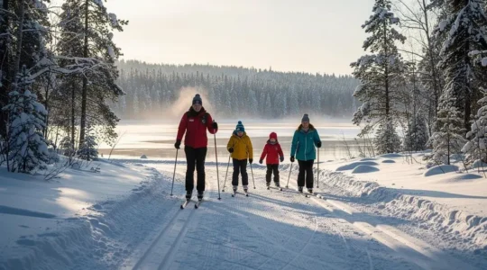 A family cross-country skiing together on a snowy forest trail in Canada on a bright winter morning.