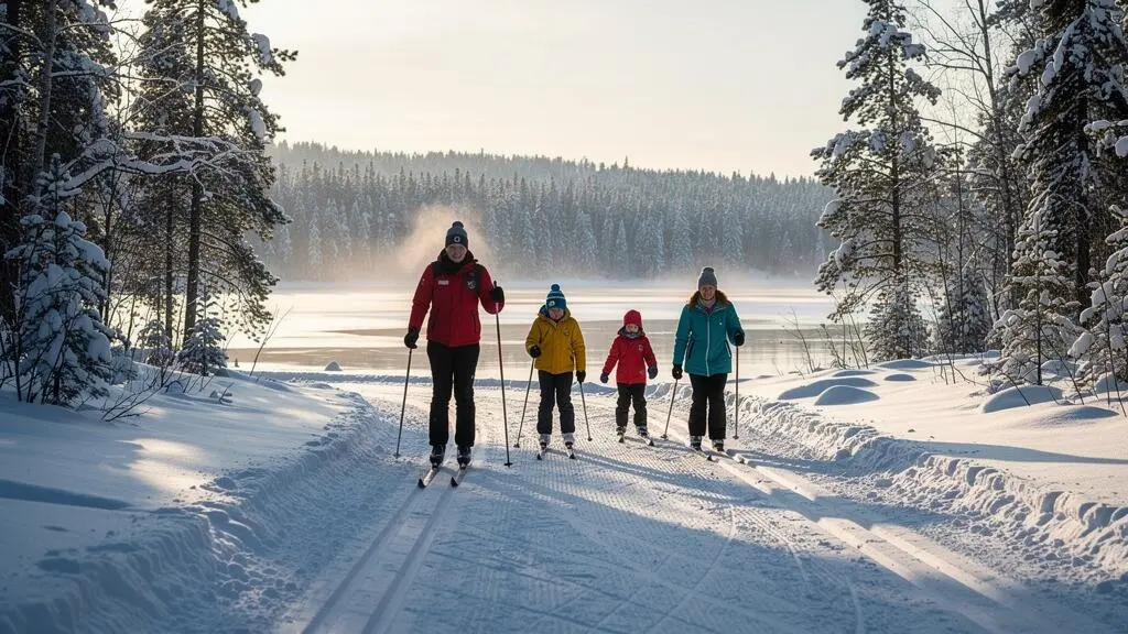 A family cross-country skiing together on a snowy forest trail in Canada on a bright winter morning.