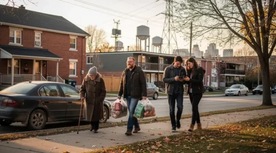 People of different generations walking along a residential sidewalk in a Canadian city neighborhood with mixed older and newer housing.