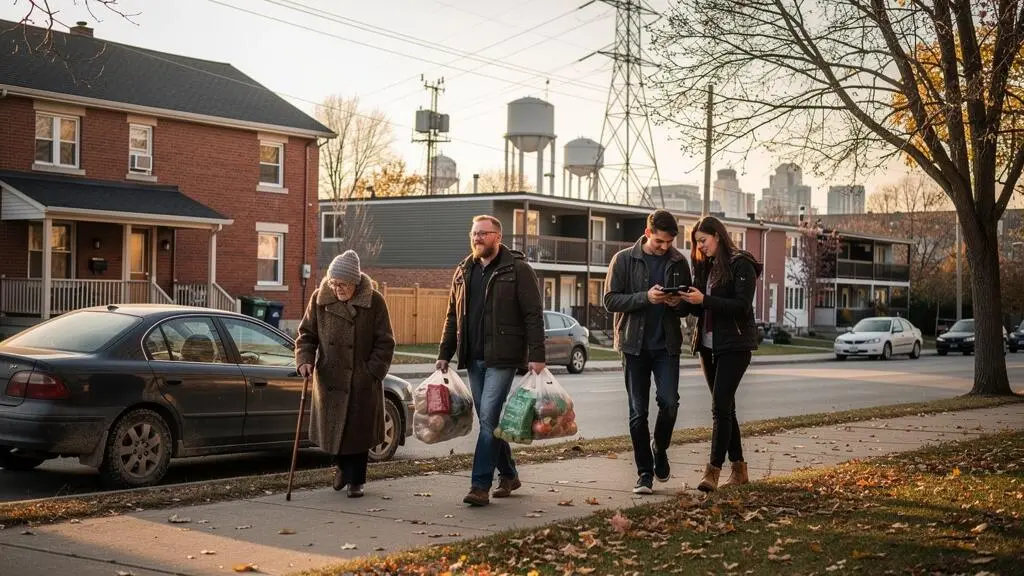 People of different generations walking along a residential sidewalk in a Canadian city neighborhood with mixed older and newer housing.