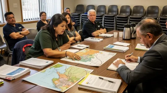 Indigenous and municipal representatives reviewing maps and documents together at a table in a Canadian community hall.