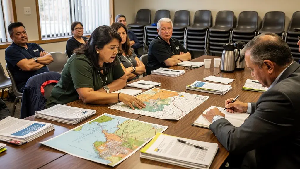 Indigenous and municipal representatives reviewing maps and documents together at a table in a Canadian community hall.