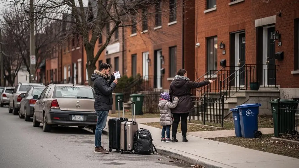 A newly arrived family with suitcases stands on a Canadian residential sidewalk, checking street numbers to find their new home.