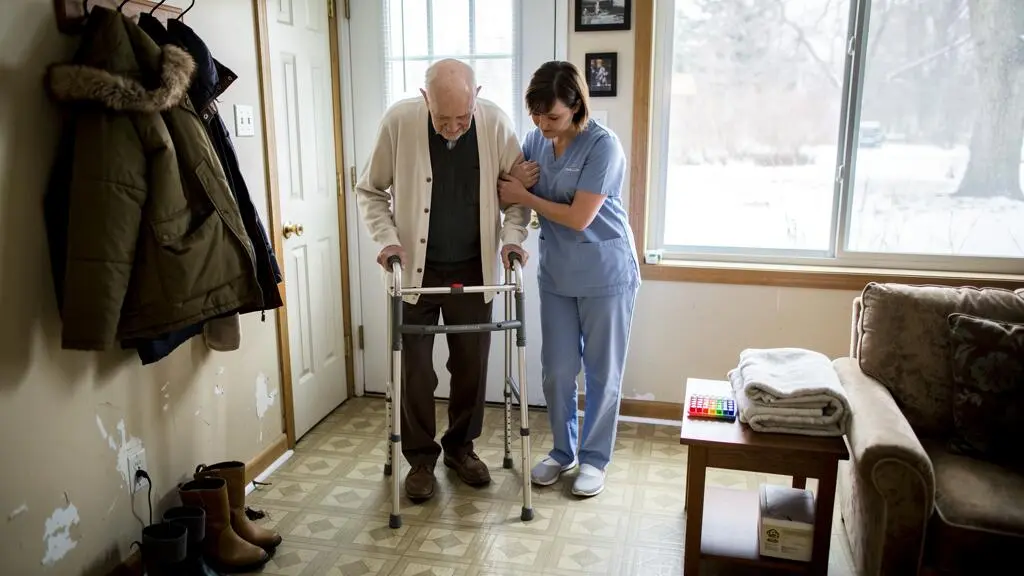 A nurse helping an elderly man walk with a walker in the hallway of his Canadian home.
