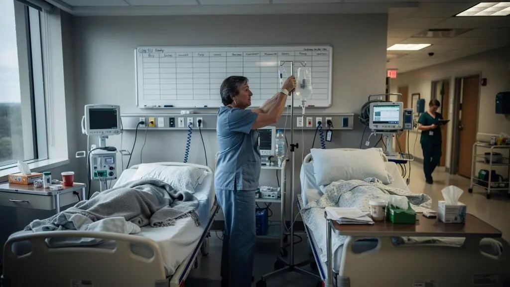 A nurse moving between patient beds in a Canadian hospital ward where shift schedules show unfilled slots.
