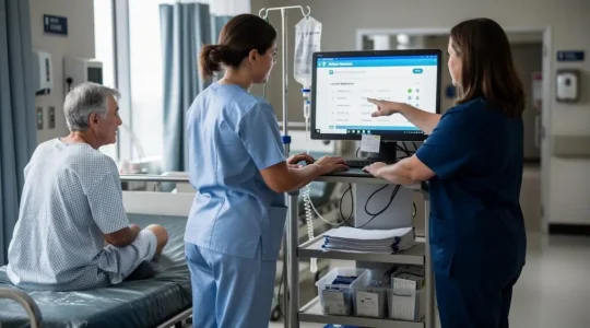 A physician reviews a patient's electronic health record on a wall-mounted computer while a nurse and the patient discuss his medication history in a hospital emergency department.