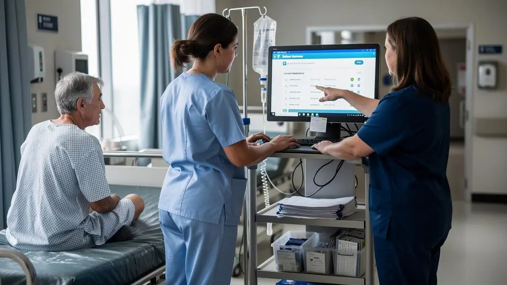 A physician reviews a patient's electronic health record on a wall-mounted computer while a nurse and the patient discuss his medication history in a hospital emergency department.