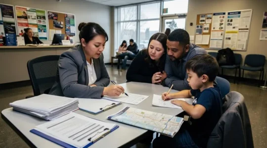A settlement worker reviews an arrival checklist with a newly arrived family at a community centre in Canada.