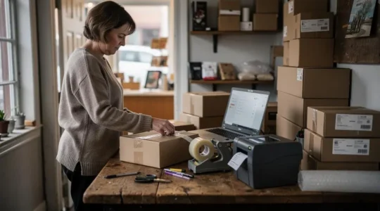 A small business owner packing online orders into cardboard boxes at a work table in the back room of her Canadian retail shop, with a laptop, a label printer and sealed parcels around her.