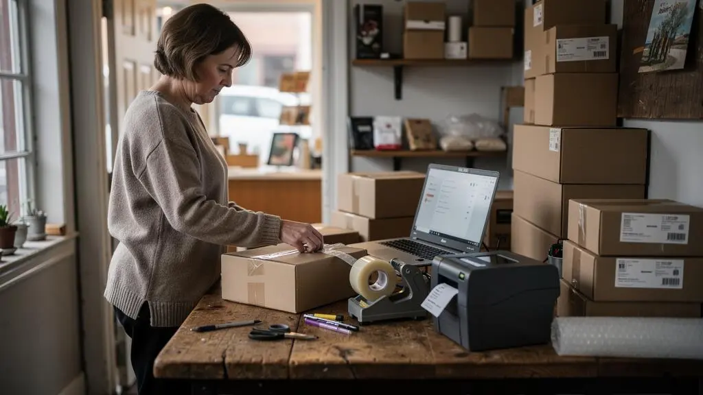 A small business owner packing online orders into cardboard boxes at a work table in the back room of her Canadian retail shop, with a laptop, a label printer and sealed parcels around her.