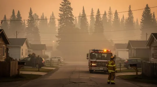 Smoke from a distant wildfire drifting over a residential street in a small Canadian town as a firefighter watches the forest edge.
