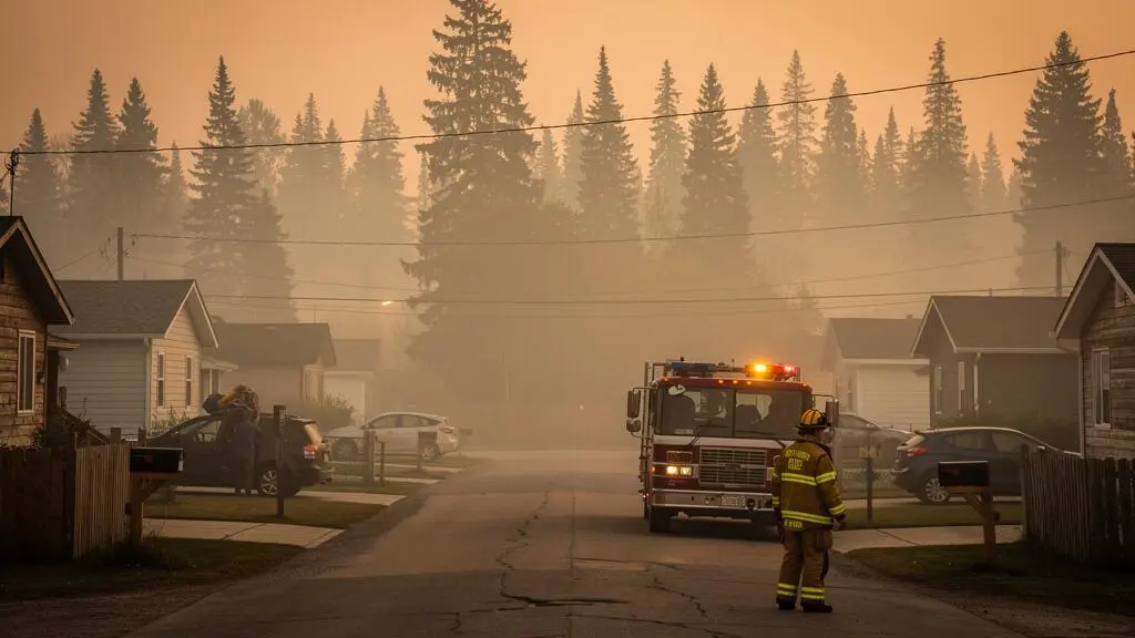 Smoke from a distant wildfire drifting over a residential street in a small Canadian town as a firefighter watches the forest edge.